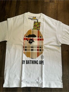 Bape White Tee with Plaid Ape Head Graphic